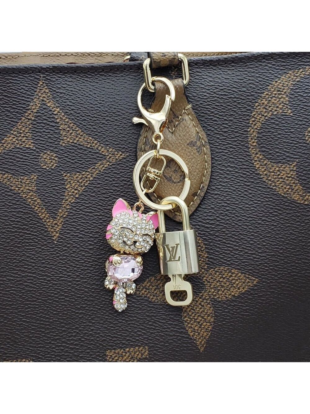 Authentic LV Gold Padlock & Key Set ✨ Luxury Bag Charm w/ Unbranded Cat Keychain